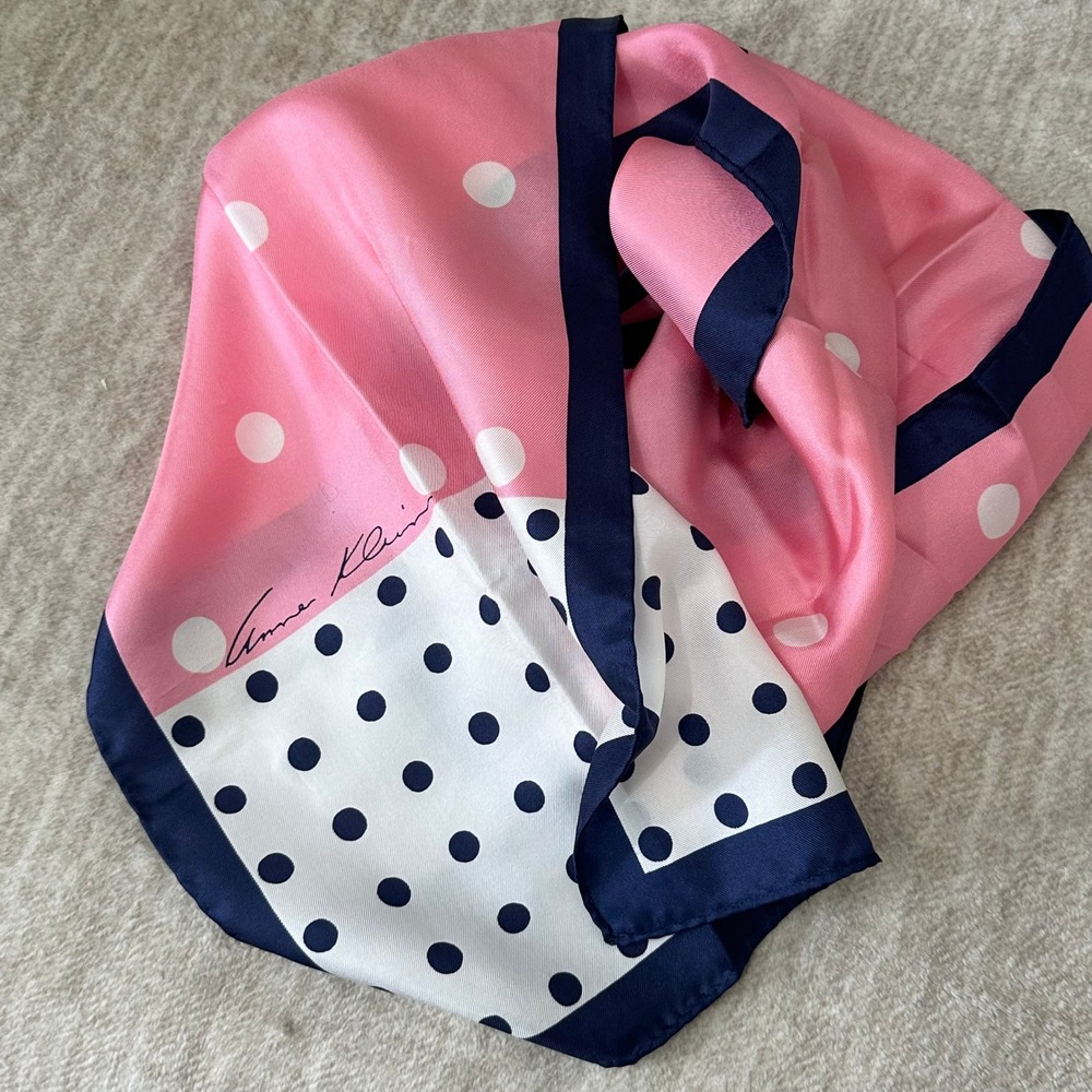 Anne Klein Pink Navy White Polka Dot Silk Scarf 52x11 Classic Preppy Accessory